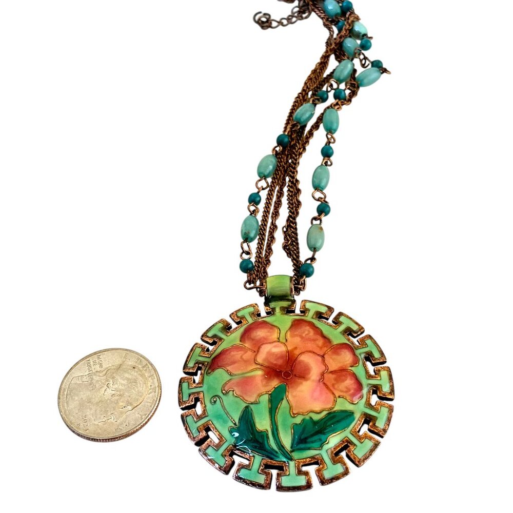 Pendant Necklace Copper Flower Enamel Beads AS IS chain broken